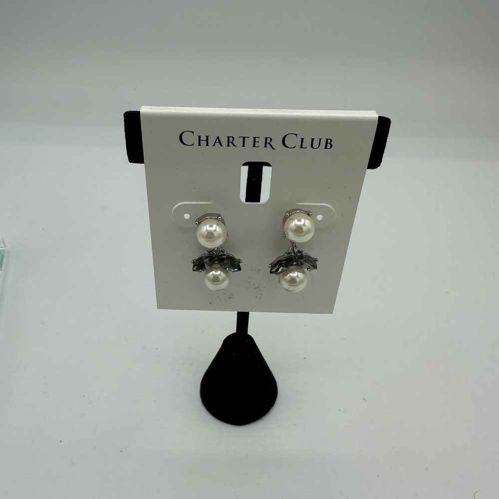 Charter Club Drop Earrings Women OS Silver Pearl Crystal NEW Double Dangle